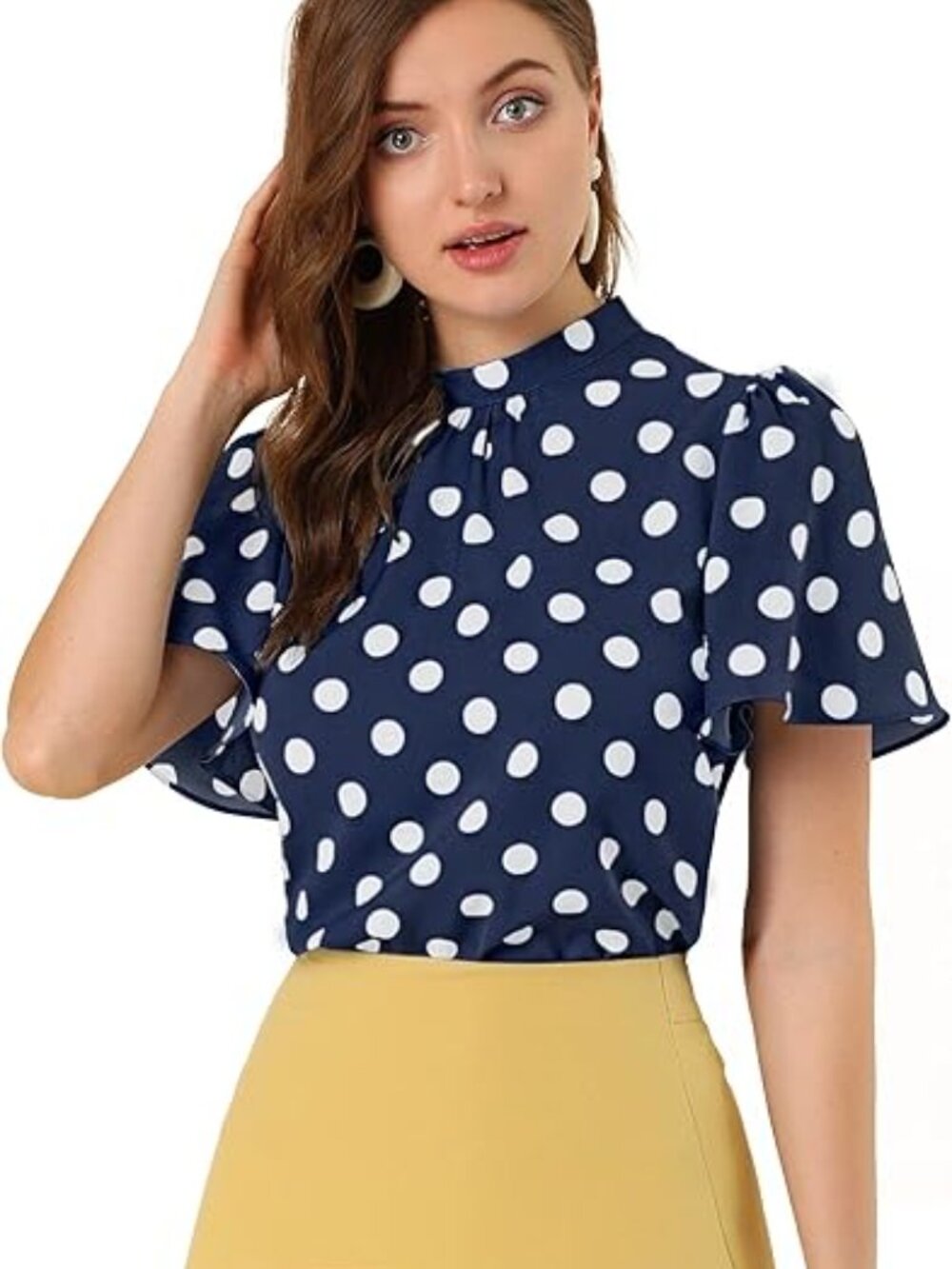 Polka Dots Blouse Stand Collar Pleat Keyhole Back Short Flare Sleeve Tops